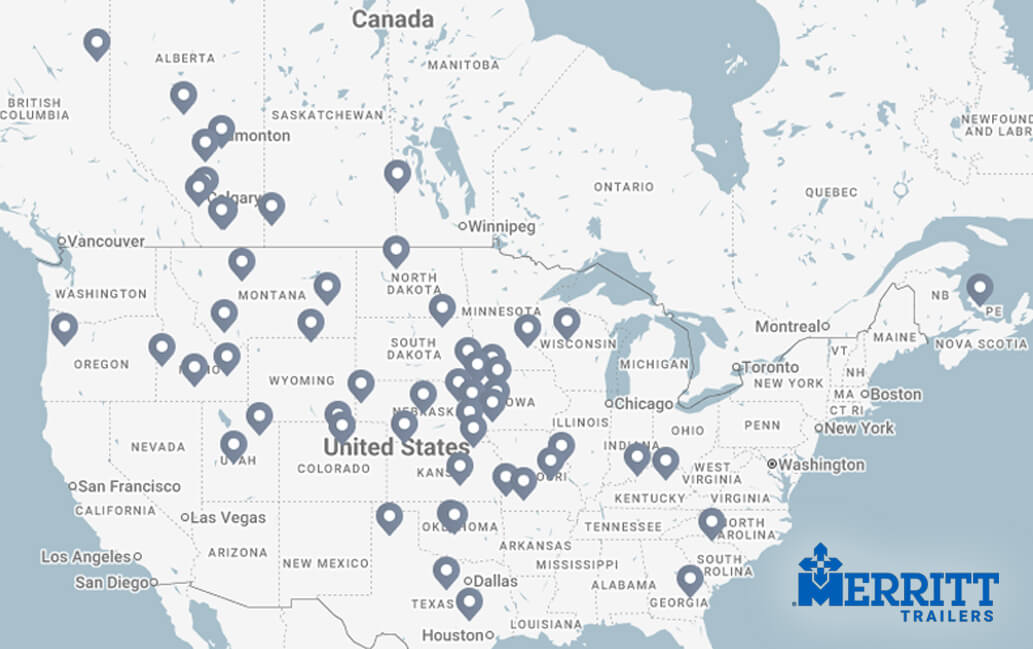Map of All Merritt Trailers Dealer Locations Across the Continental United States & Canada